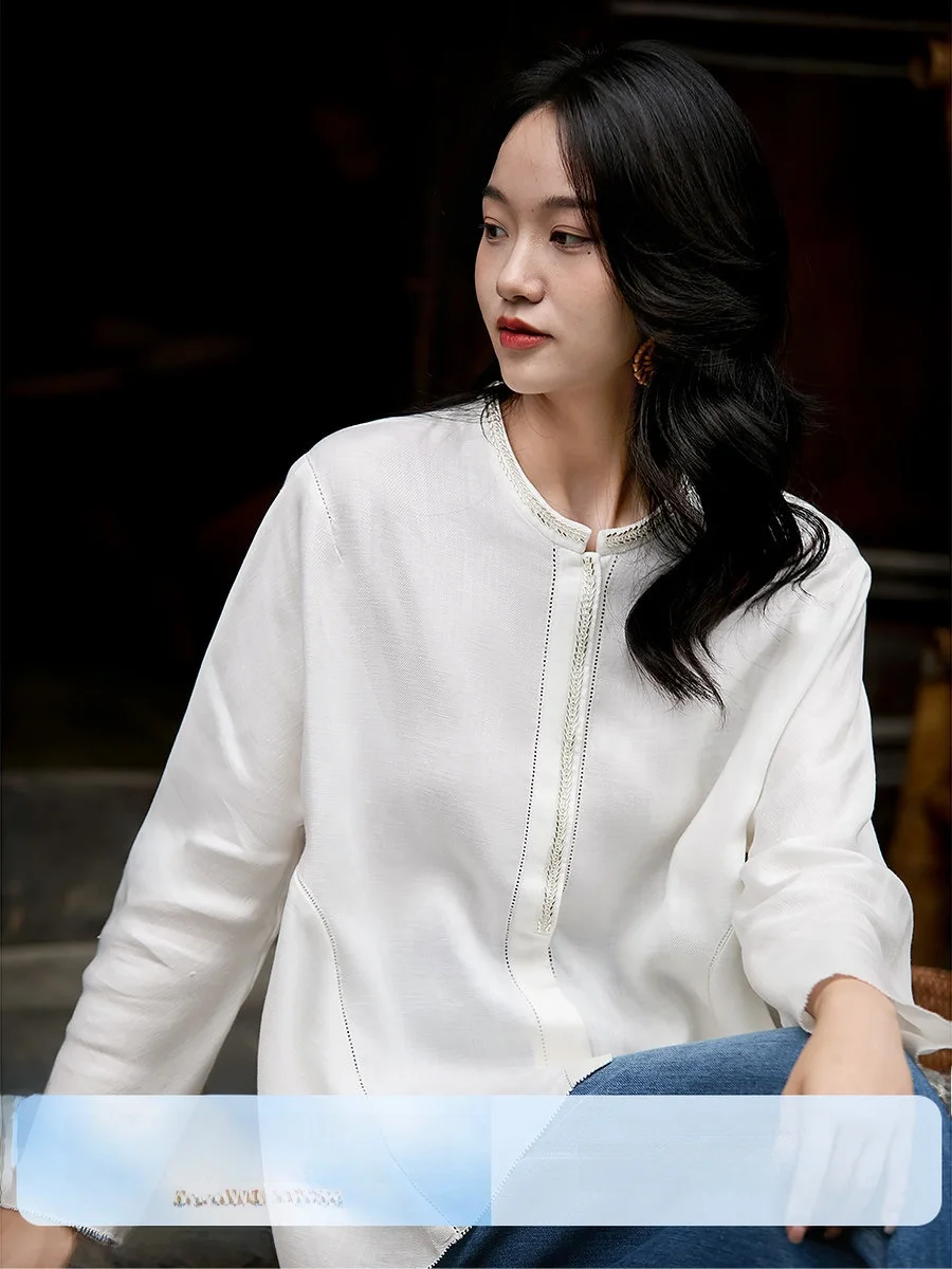 

Женская блузка XiaoHanGe из льна и шелка с богатой отделкой, весна-лето, дышащая, повседневная, шикарный стиль, с длинным рукавом, круглый вырез горловины