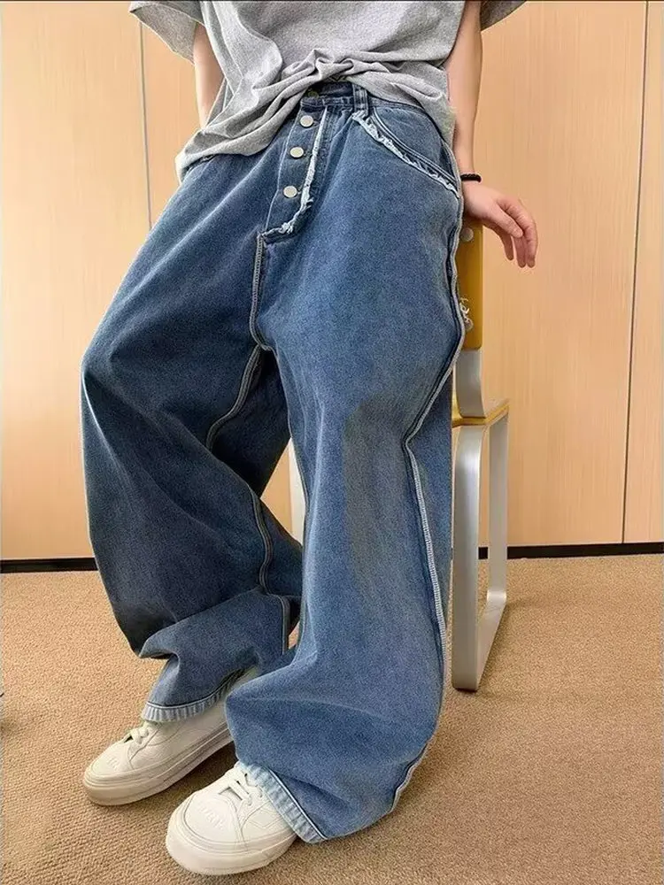 Retro American Washed Button Design Casual Men's Jeans Street Style Loose Wide Leg Pants Draping Knife  Straight Cut