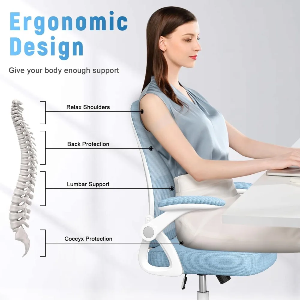 Cadeira de escritório ergonômica, cadeira de mesa com altura ajustável, cadeiras giratórias com braços rebatíveis e suporte lombar Cadeiras de escritório azuis