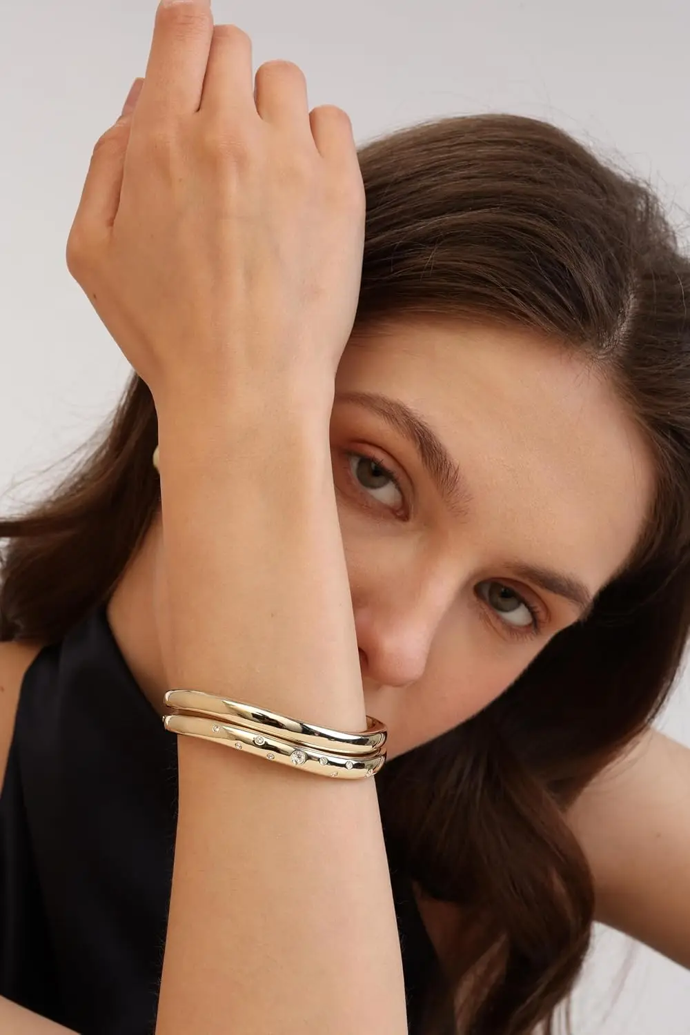 Gold Bracelets For Women,14k Gold Filled Bangle Bracelets,Chunky Hinged Bangle Bracelets,Bangle Bracelets Non Tarnish, Jewelry For Women-Wavy Evil Eye Round Recetangle Marquise Cut