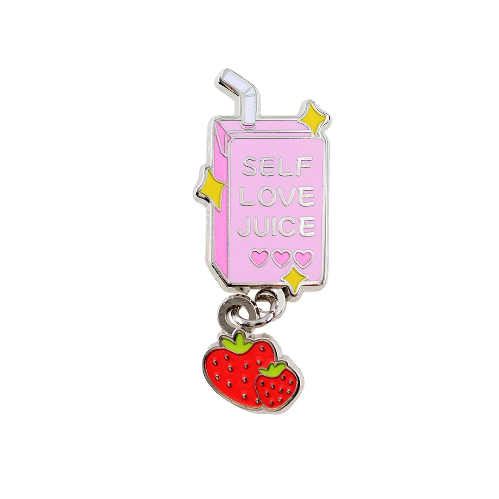 Self Love Juice Emaille-Anstecker, niedlicher Erdbeer-Anhänger, Self-Care-Abzeichen, „Take Care Of Yourself“-Brosche, Juice-Box-Schmuck, Dekoration – Detail 1
