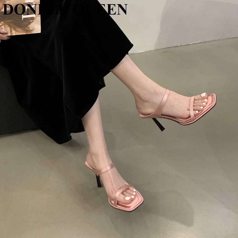 2024 Summer Slippers Slides New One-strap Back Empty Female Fashion Decorated Leopard Print High Heel Pumps Printed Sandal Mujer