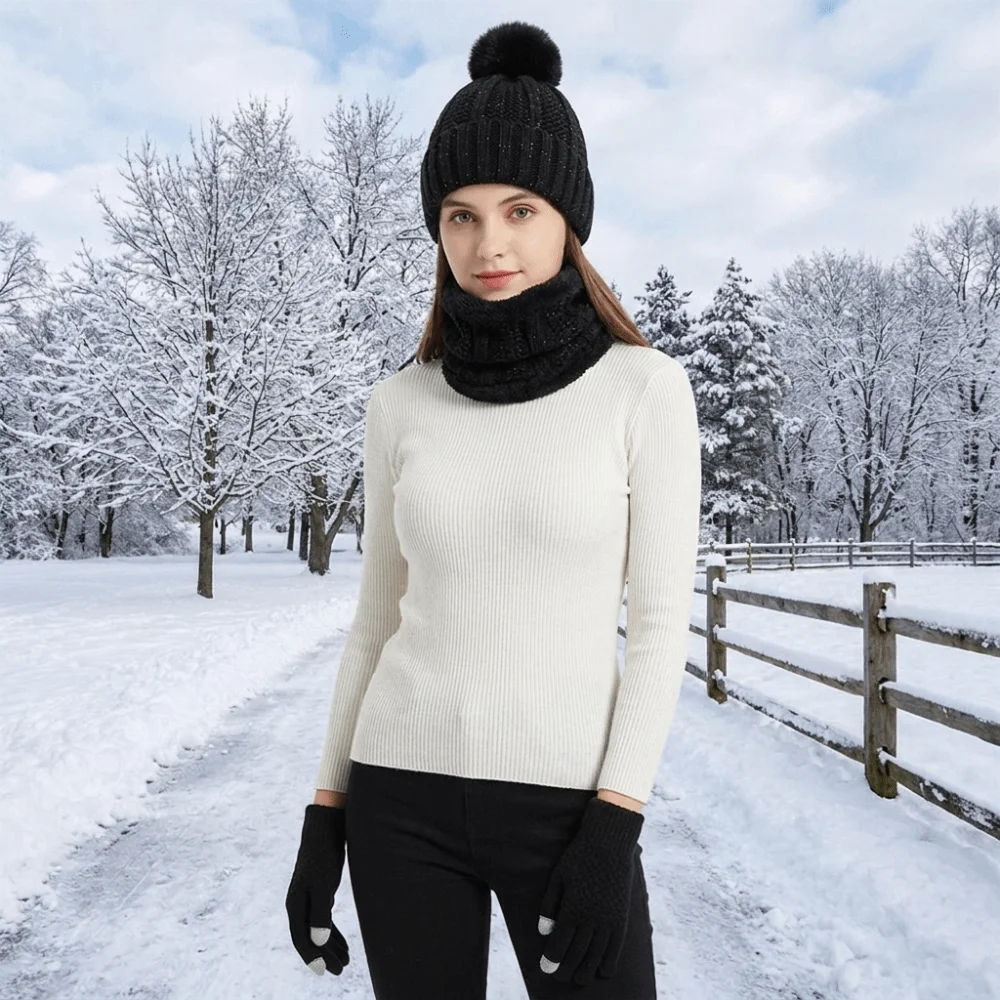 3pcs Soft Solid Color Hat Scarf Gloves Set Thickened Keep Warm Knitted Hat with Velvet Cute Pompom Beanie Hat Autumn Winter