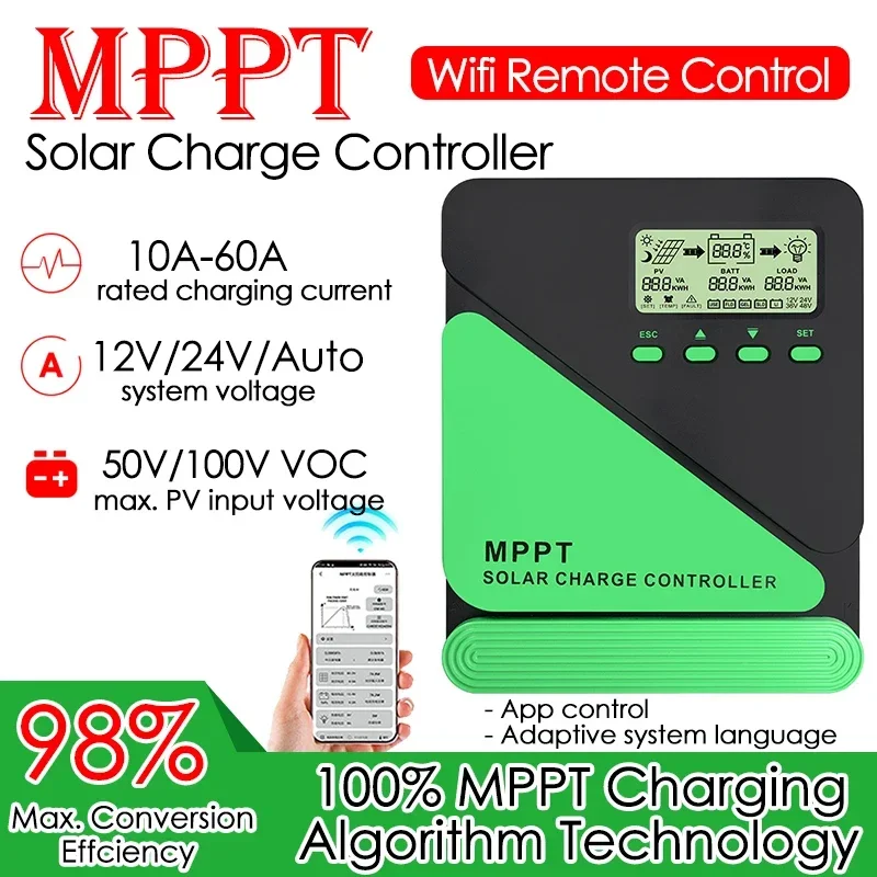 

WIFI MPPT Solar Charge Controller 10-60A 12V/24V Auto LCD USB Solar Panel Battery Regulator for Lifepo4 Lead Acid Lithium