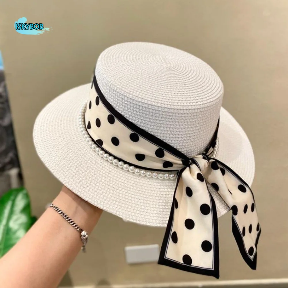 

Elegant Beach Straw Cap Straw Weaving Pearl Decoration Sun Protection Cap Dot Ribbon Flat Top Wide Brim Hat Sun Protection
