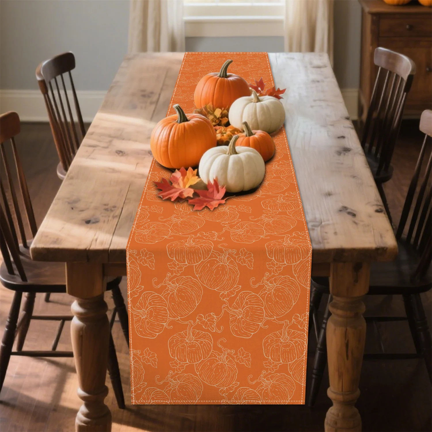 1pc Pumpkin Leaf Table Runner Autumn Thanksgiving Decoration with Pattern in Orange Table Decor for Farmhouse Harvest Party