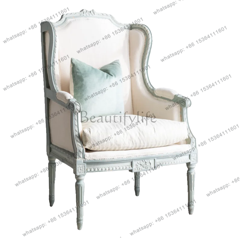French antique solid wood sofa chair carved retro old fabric soft bag leisure chair