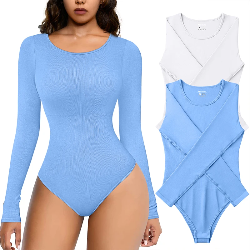 Women's Round Neck Long Sleeved Bodysuit Yoga Top One-Piece Solid Color Fitness Bodysuit Set