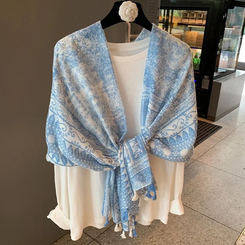 Scarf Blue Floral Fringe Lightweight Breathable Sun Protection Wrap for Women Bohemian Vacation Daily Commute Gift