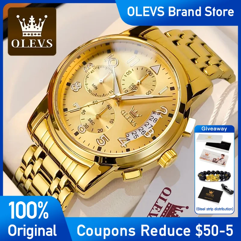 

OLEVS Mens Watch Top Brand Golden Stainless steel Quartz Men's Wristwatch Waterproof Luminous calendar luxury Reloj with box