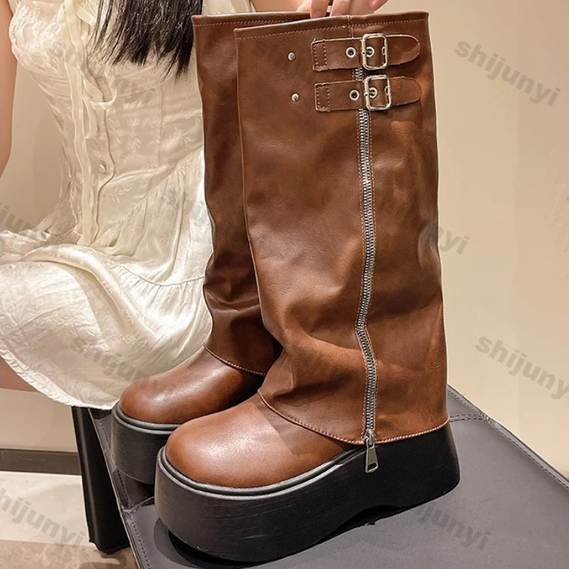 Women Fashion Platform Pile Western Ankle Boots Women Autumn Brown Chunky Heel Trouser Boots Thick Sole Knee-high Knight Booties