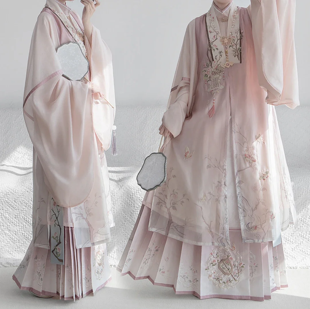 الخريف والشتاء نمط Hanfu دعوى سلالة مينغ Hanfu المطرزة الدائمة الرقبة قميص طويل بيجيا الحصان الوجه تنورة مجموعة يومية