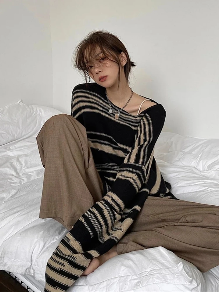 

Lazy Women Knitted Jumpers Punk Gothic Striped Long Sleeve Loose Patchwork Sweater Hip Hop Casual Retro Oversize Pullover Tops