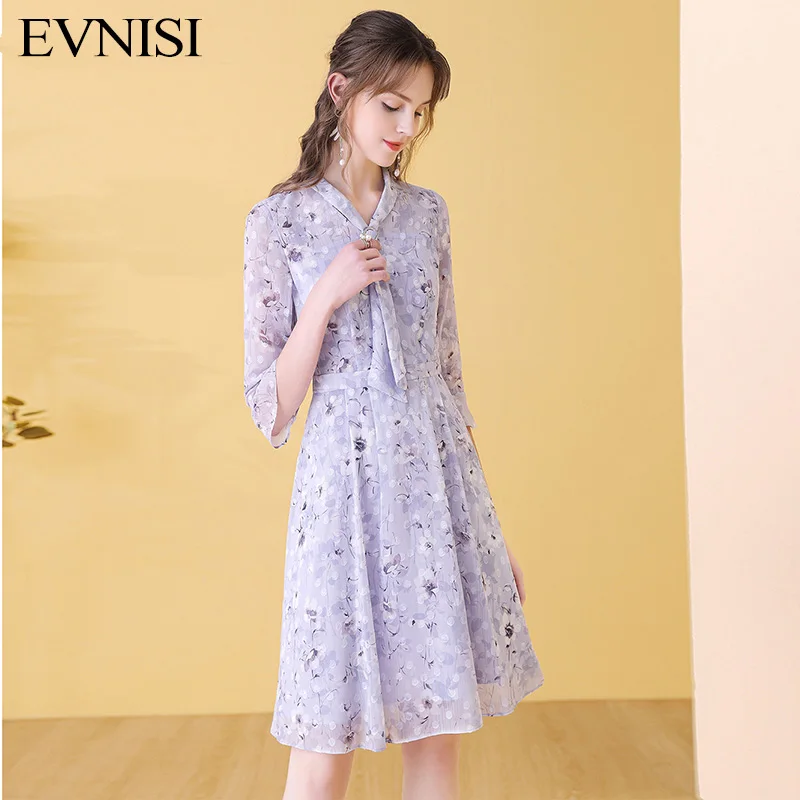 EVNISI Elegant Purple Chiffon Bow Shirt Dress Summer 2022 New Floral Casual A-line Dresses For Women Office Lady Vestidos