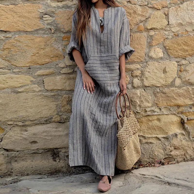 

2025 European and American New Cotton and Linen Dyed Striped Loose Long Dress