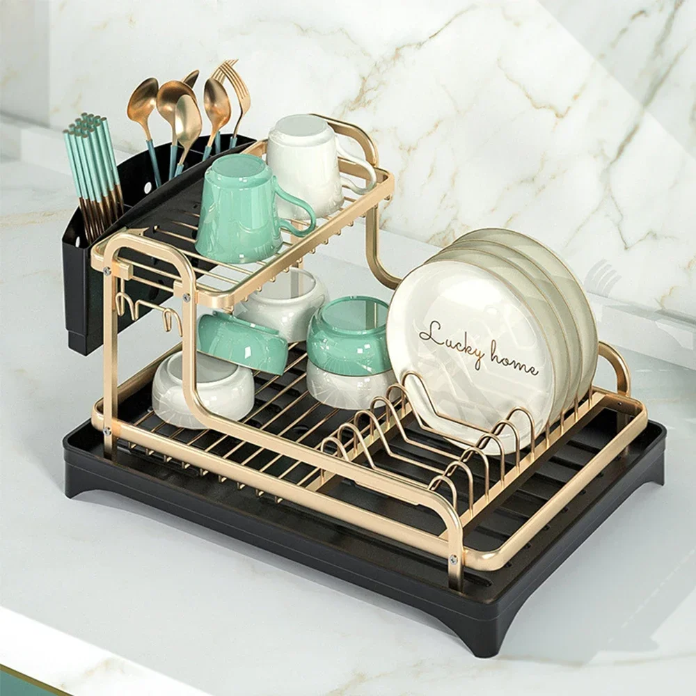 

2 Tier Dish Rack Drainer Plate Drying Shelf,Stainless Aluminum Drying Shelf Organizer Used for Cutlery Dishes Storage