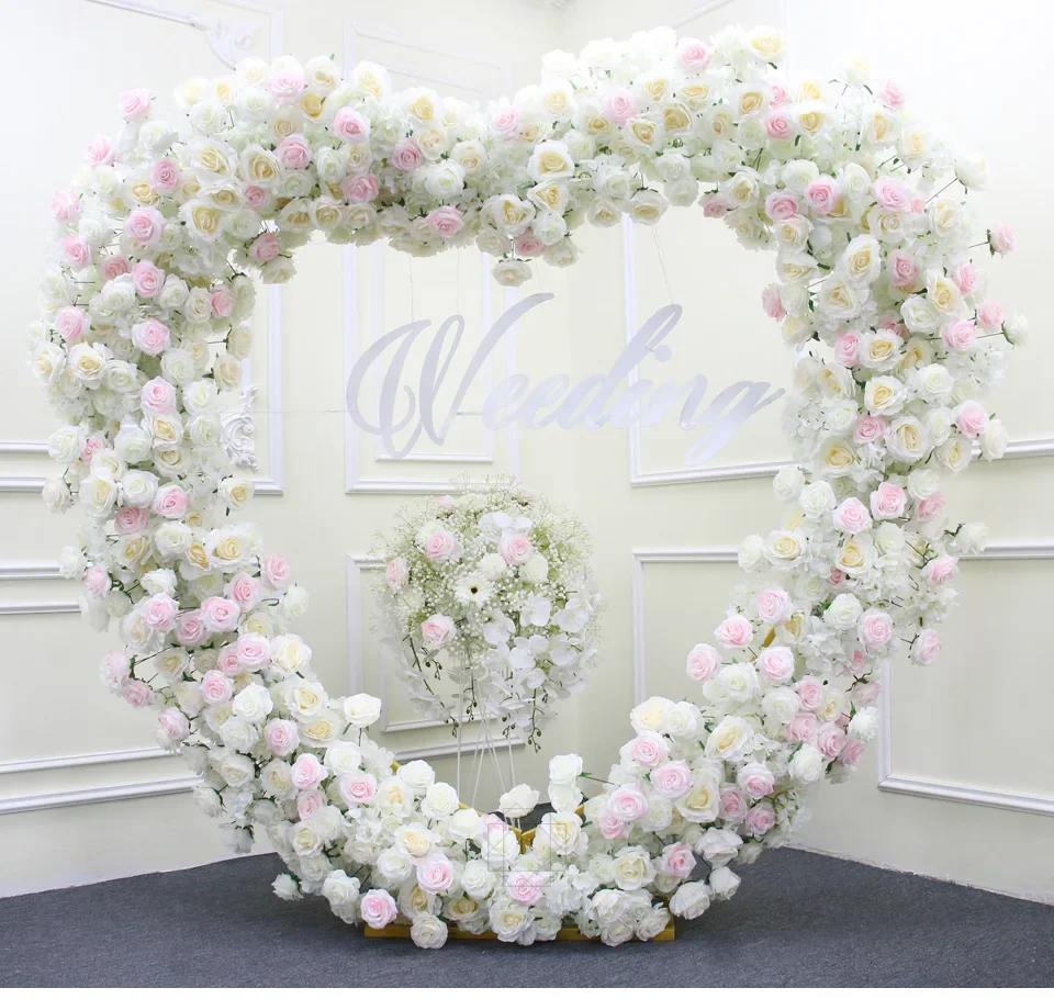 

Luxury Heart-Shaped Shelf With Floral Arrangement Wedding Arch Backdrop Deco White Rose Flower Row Party Prop Frame Flower Stand