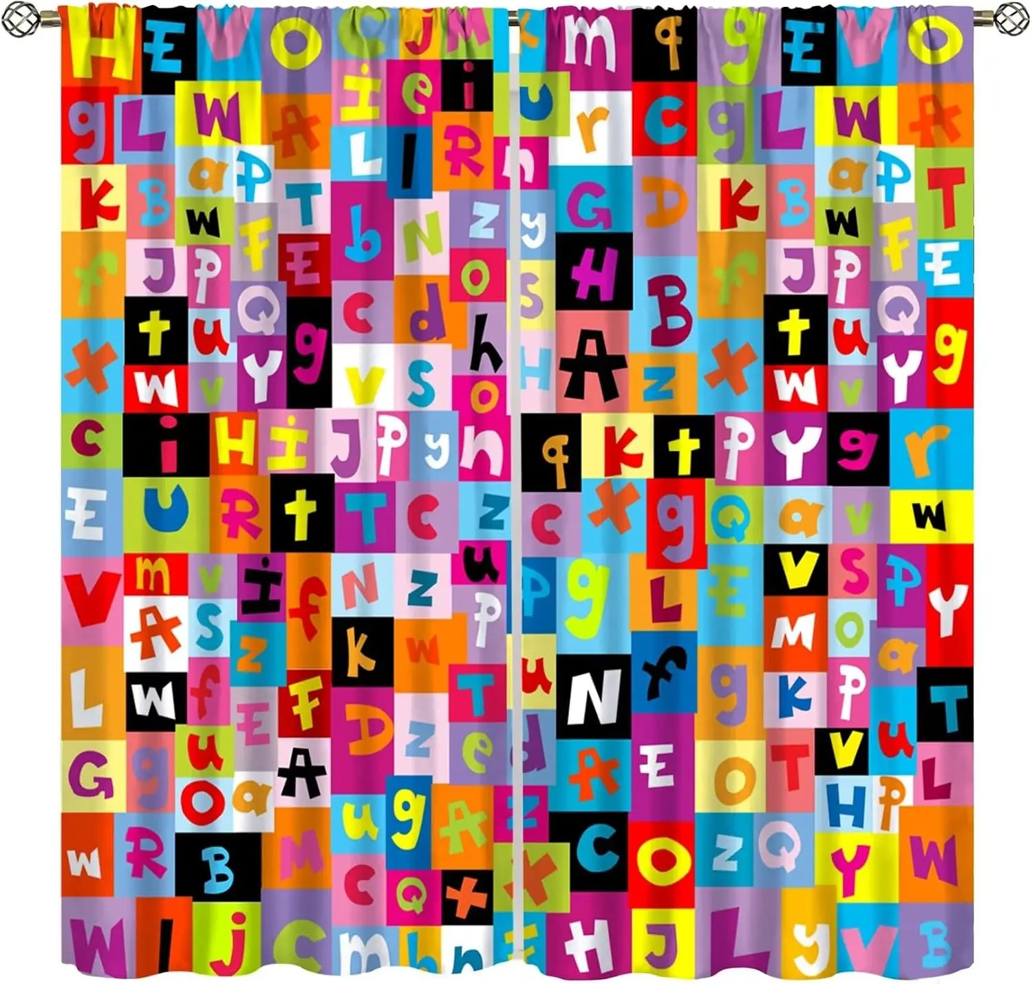 Multicolor ABC Block Curtain Panels, Square Upper Lower Letter Full Kids Early Education Print Drapes For Kindergarten Apartment