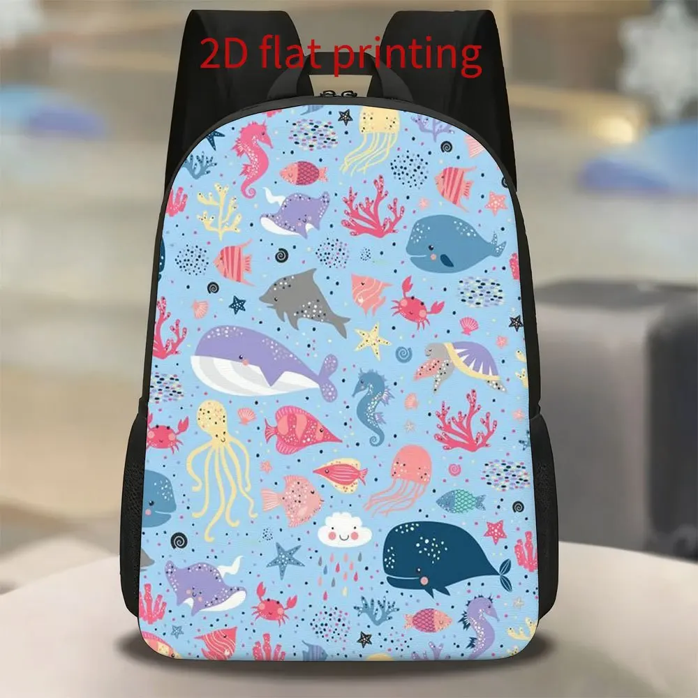 A marine-themed backpack decorated with marine life motifs (fish, crab) - lightweight, large capacity, adjustable shoulder strap