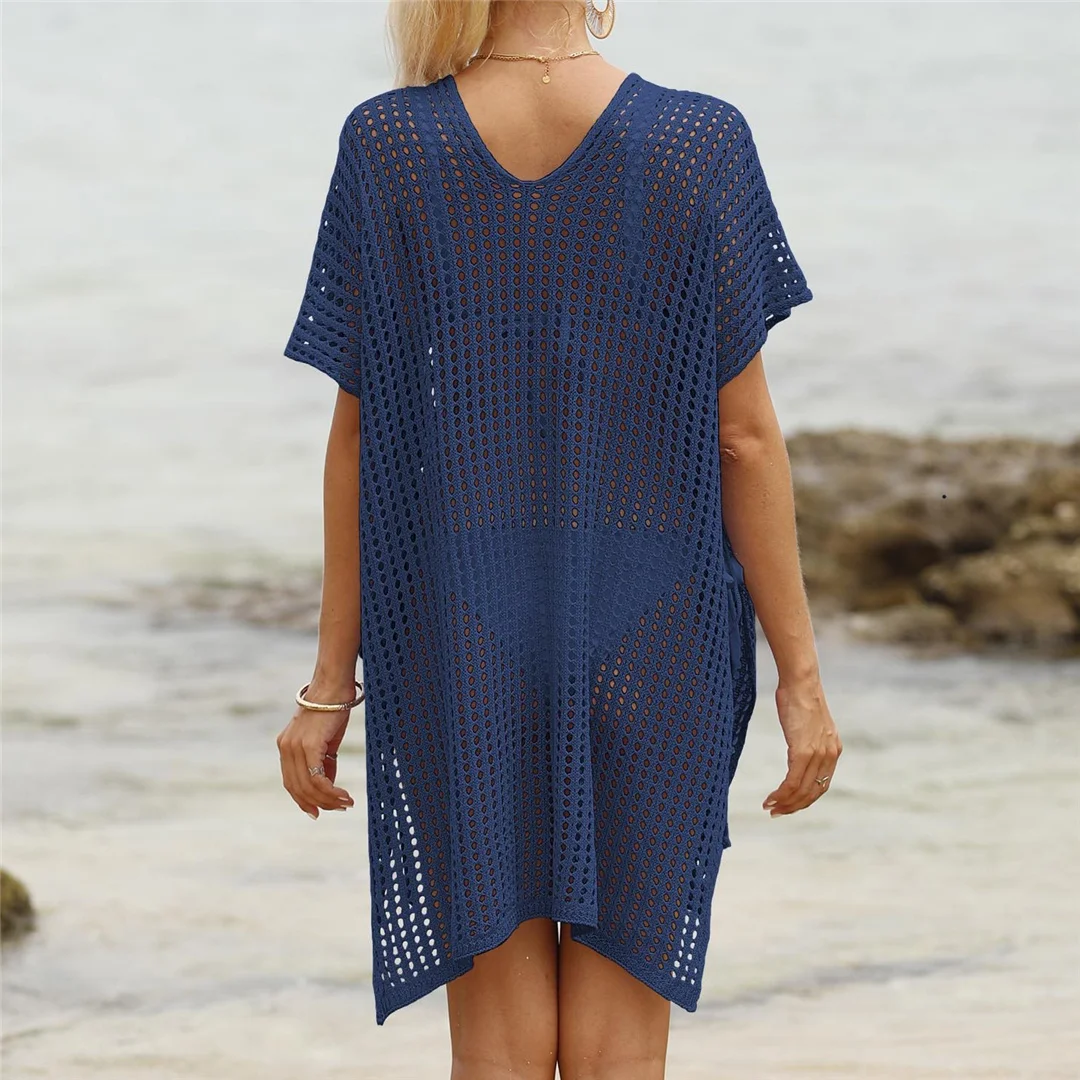 Kurzarm-Tunika mit V-Ausschnitt und Aushöhlungen, gehäkelt, Strickkleid, Strandkleid, Strandmode, Strandbekleidung, Strand-Cover-up, Damen, V8061 – Detail 26