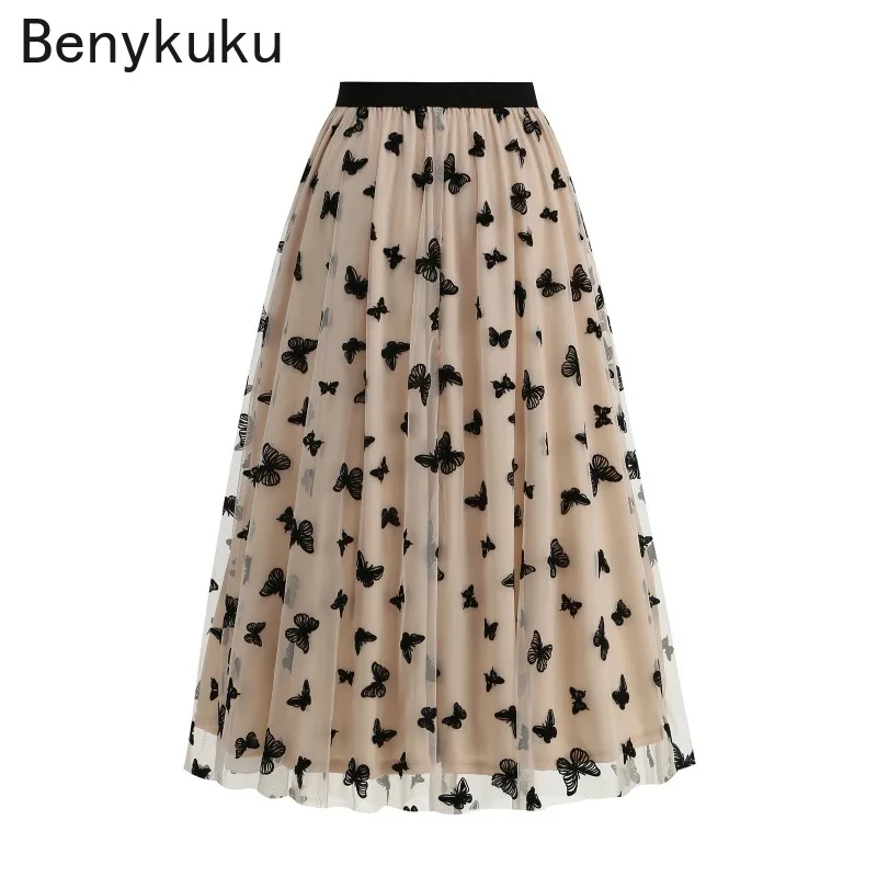 Butterfly Flocking Mesh Vintage Long Skirts 2025 Summer Clothes Elegant Elastic High Waist Women Going Out Pleated Midi Skirt