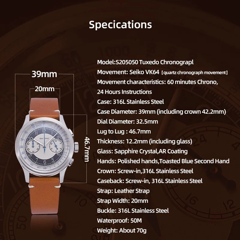 Baltany ساعة كوارتز رجالية عصرية فاخرة S5050 Vk64 مقاومة للماء 50 متر من الفولاذ المقاوم للصدأ تحية فستان كلاسيكي ساعات كرونوغراف