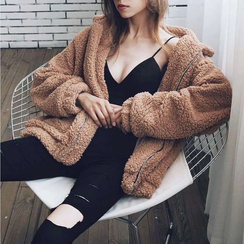 

New Autumn and Winter Thick Bear Teddy Coat Warm Soft Faux Fur Coat Women Elegant Fleece Jacket Pocket Zipper Outerwear Overcoat