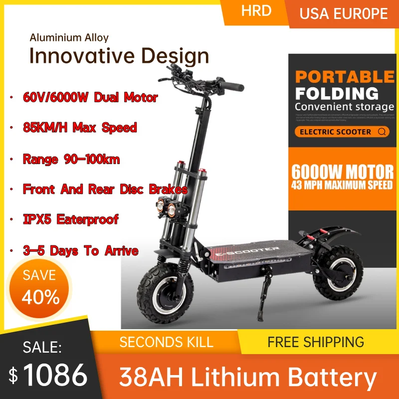 J30 MAX All-Terrain adult Electric Scooter with 6000W Power 11-Inch Tires 200KG Capacity and 100KM Range