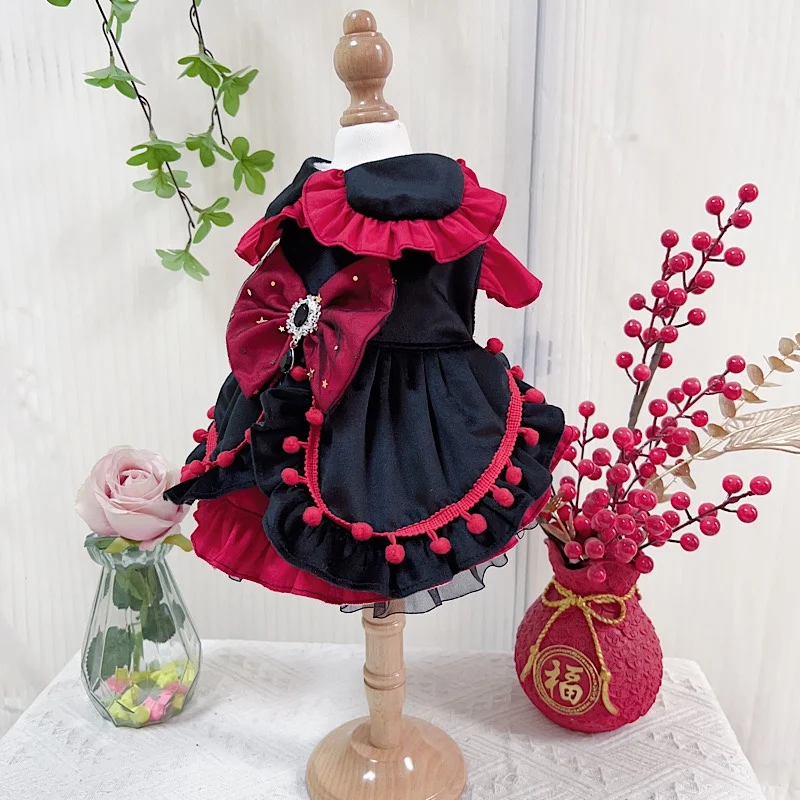 Winter Thick Velvet Pet Dog Clothes Original Handmade Cotton Black Red Crystal Bow Dresses For Small Medium Dog Puppy Dog Skirts