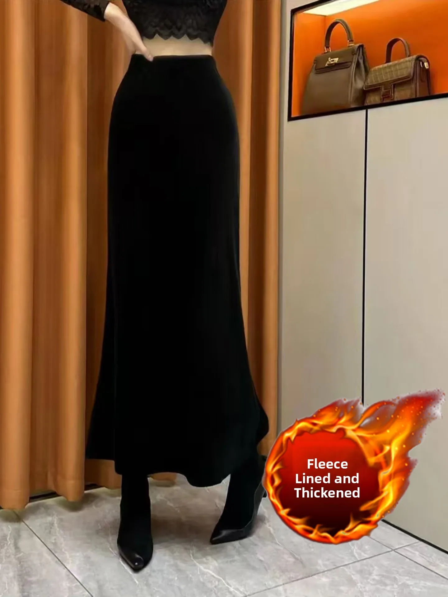 

Retro Fleece Lined Thick Velvet Fish Tail Half Skirt Women's Autumn Winter New High Waist Slimming Ultra Draped a Line Skirt