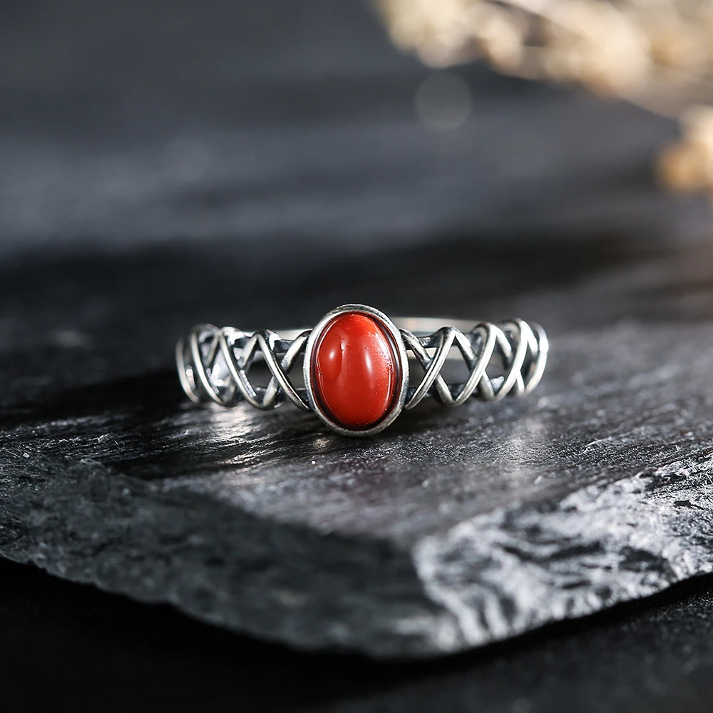 7*5mm Natural Gems Red Agate Stone 925 Sterling Silver Women's Ring Trendy Hollow Design Adjustable Wedding Bands Jewelry