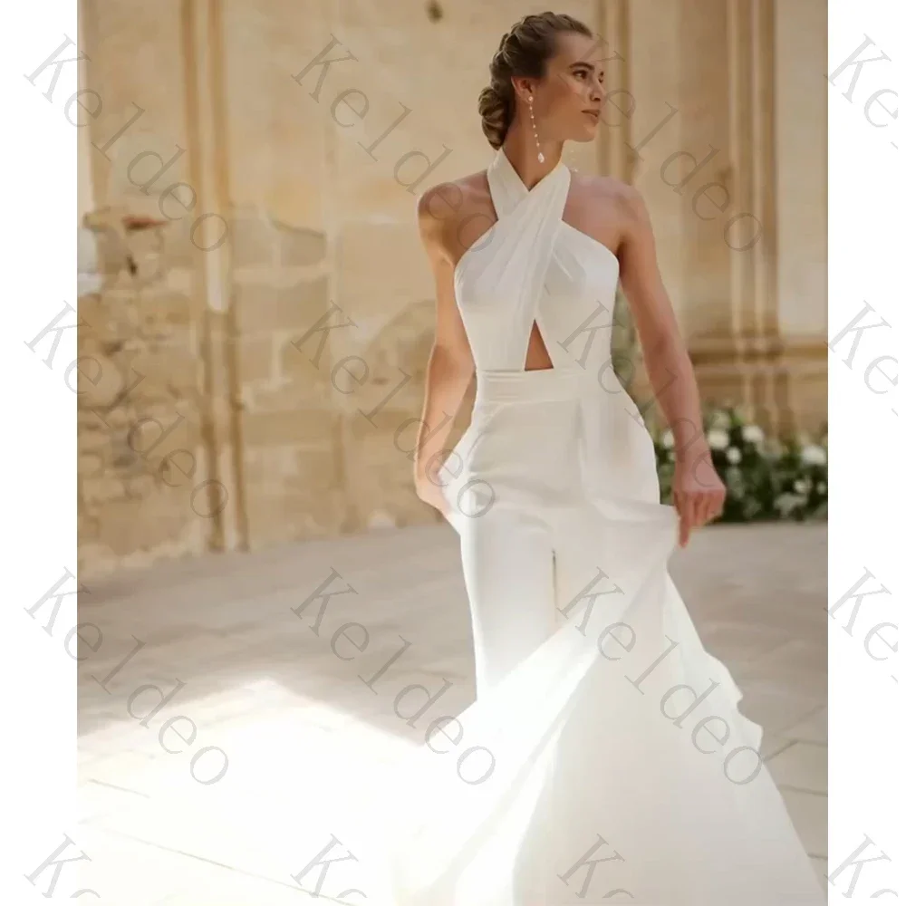 Customized Elegant Halter A Line Sleeveless Wedding Dresses 2026 High Quality Pleats Cut Out Open Back Floor Length Bridal Gowns