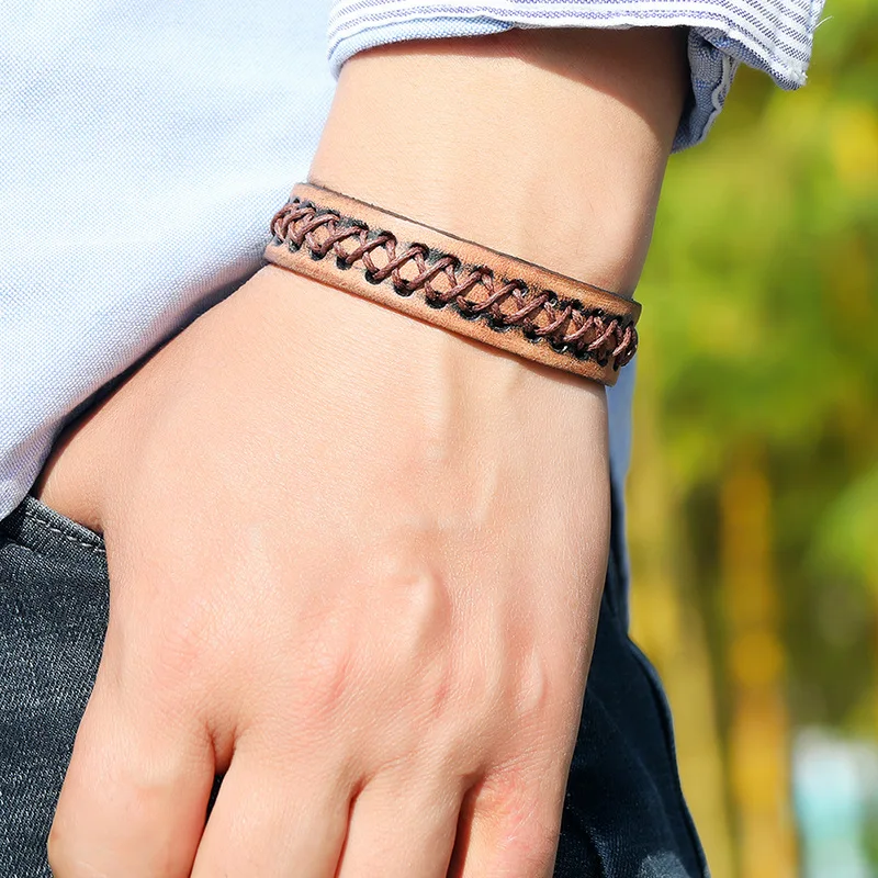 Two Color Washed Genuine Leather Wristband Hand Cross Stitched Design Adjustable Unisex Punk Casual Wear Bracelet