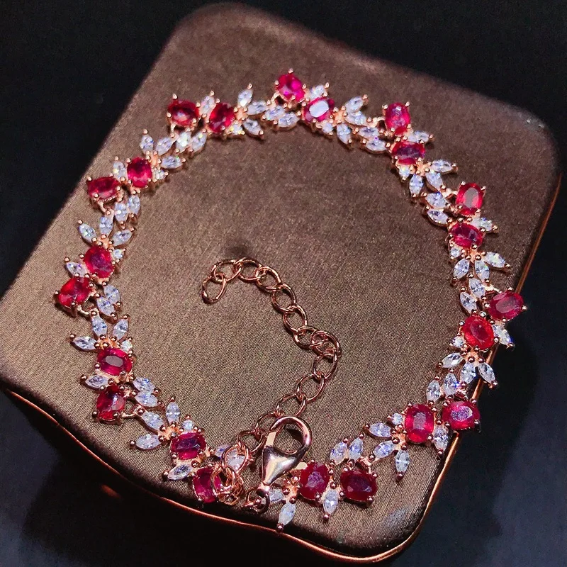 Natural Heated Ruby Tennis Bracelet 4x3mm Oval Cut 925 Silver Rose Gold Plated Leaf CZ Accent Adjustable Bracelet