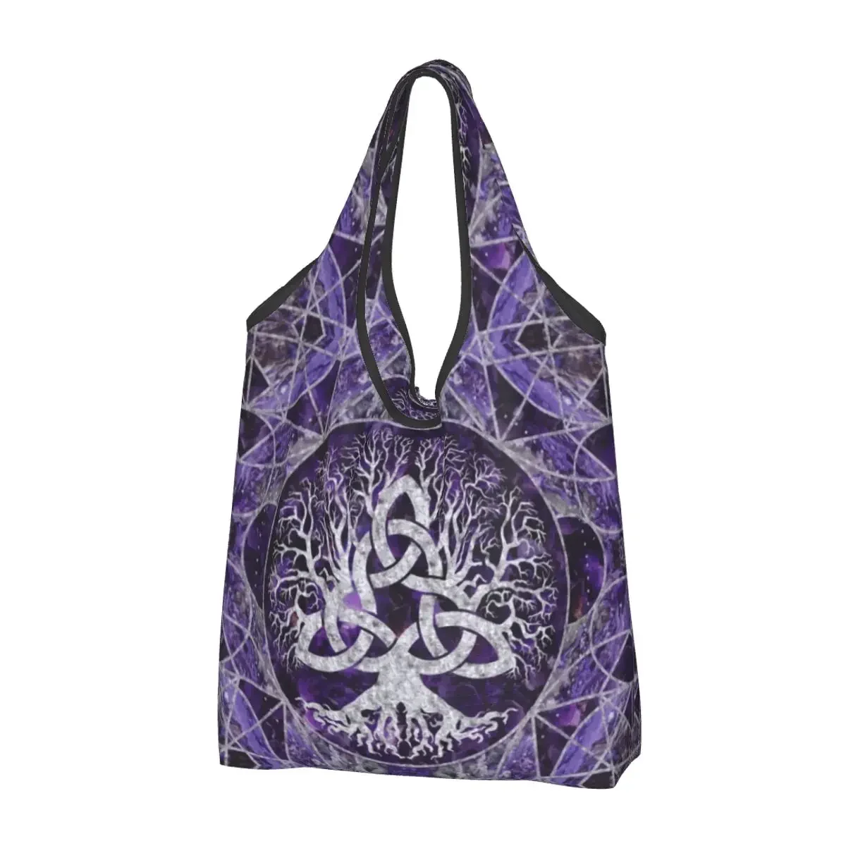 Funny Print Tree Of Life With Triquetra Tote Shopping Bags Portable Shoulder Shopper Amethyst and Silver Handbag