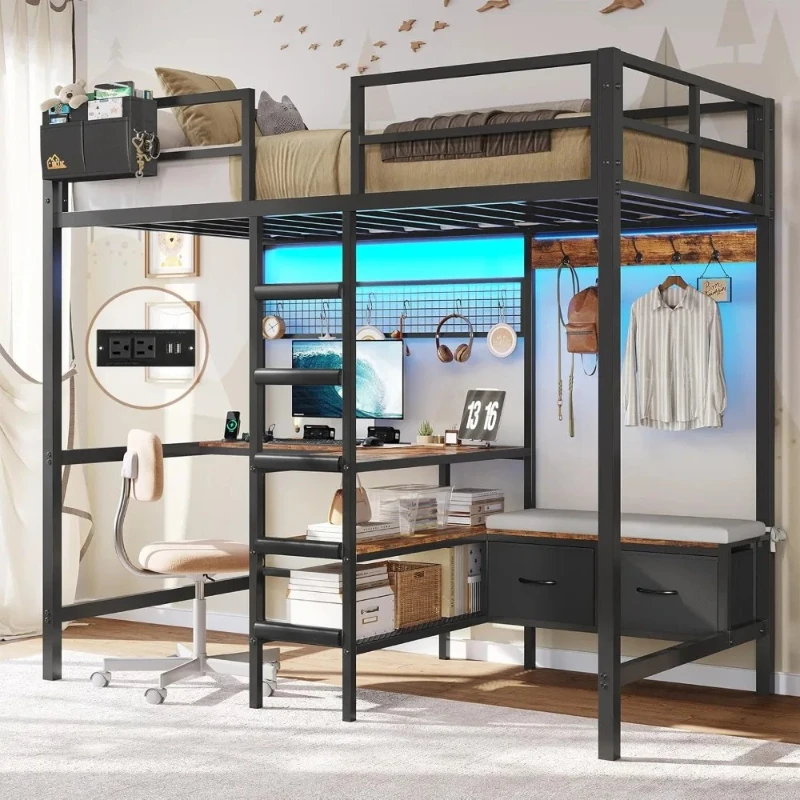 

Twin Loft Bed with L-Shaped Desk,Storage Shelves and Charging Station Metal Loft Bed Twin Size with LED Lights,Coat Rack