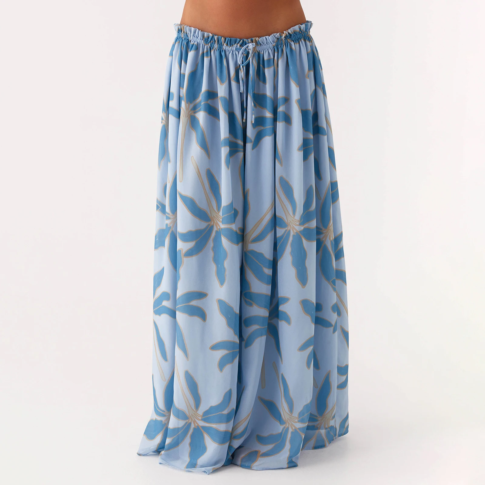 

Combhasaki Women Elegant Ruffled Drawstring Lace-up Low Waist Flower All-over Print A Line Long Skirts Summer Vacation Beachwear