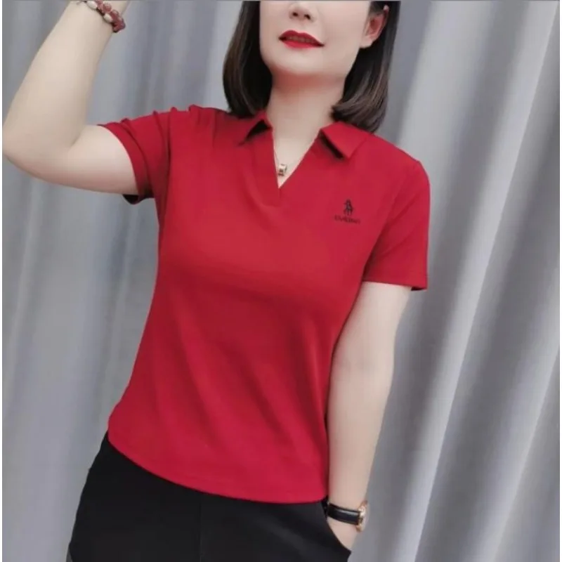 Polo Dress Women 2023 Summer New Solid Short Sleeve Polo Shirt Slim Sport Polo Embroidered T-shirt Polos Mujer Blusas