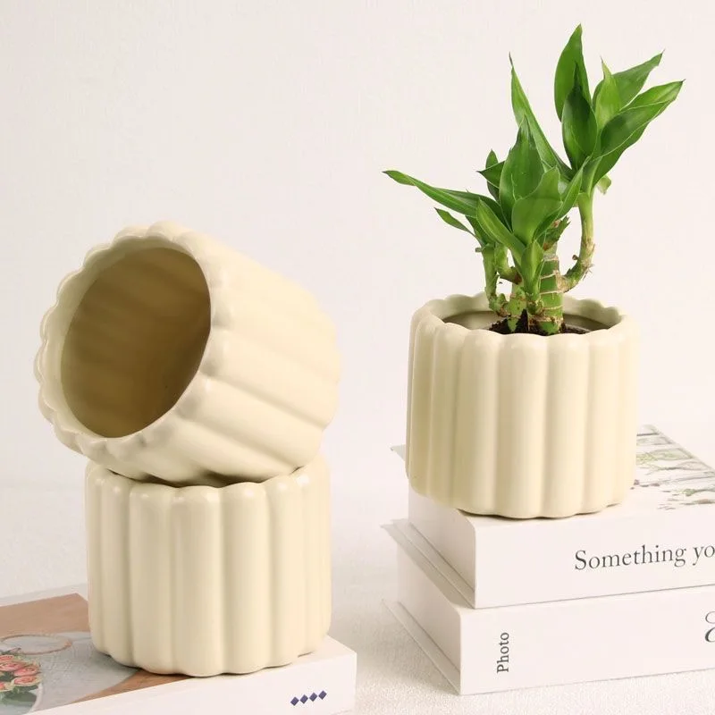 Creative European Style Ceramics Small Flowerpot, Minimalist Home, Living Room, Courtyard Decoration, Circular Striped Vase, 1Pc