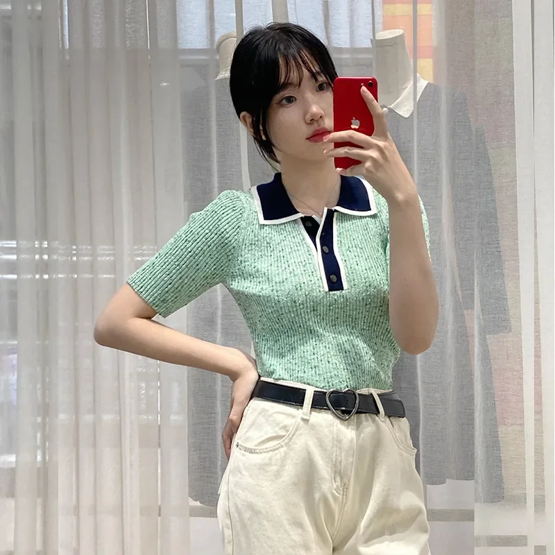 French Half Sleeve Top Women's Green T-shirt Polo Collar Short Sleeve Knitted Shirt Thin