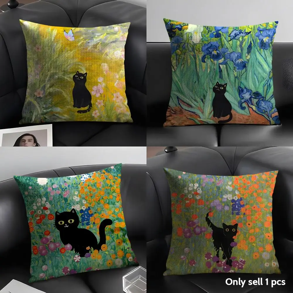 Cute Black Cat Oil Painting Cushion Cover Natural Linen Organic Fabric Double-Sided Printing Breathable Perfect Gift for Decor
