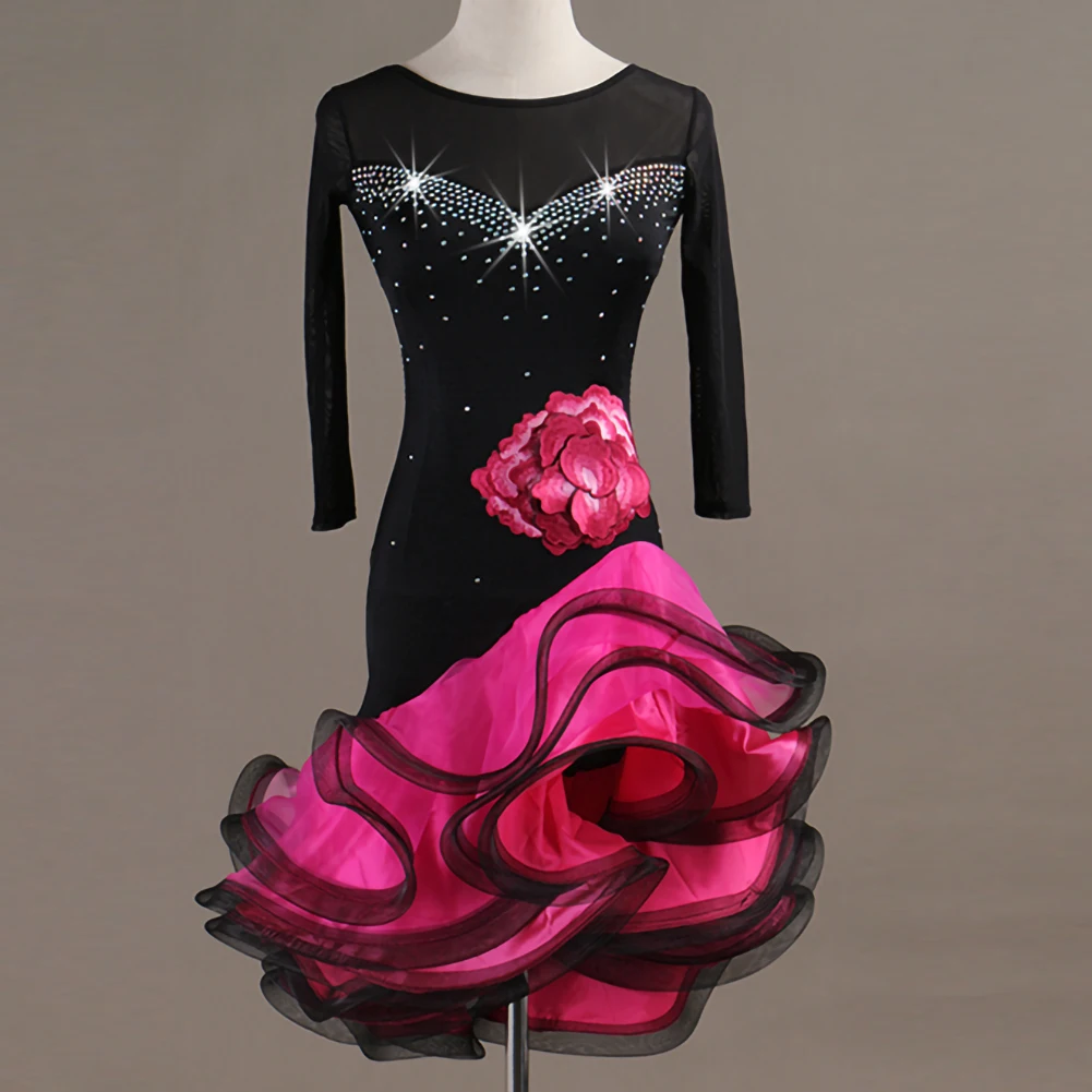 

Latin Dance Rose Red Women's New Practice Dance Competition Red Rhinestone Long Sleeve Samba Round Neck Three-Dimensional Flower