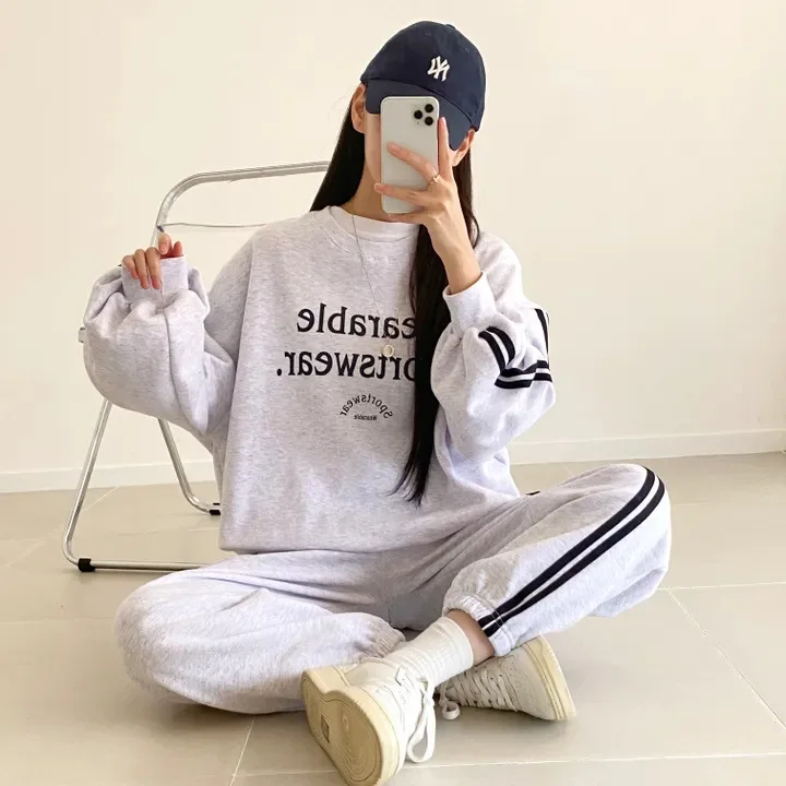 Letter Print Sweatshirt + Trousers Female Loose Streetwear Two Piece Sets Women Outfits Spring Y2k Tracksuit Solid O-Neck Suits