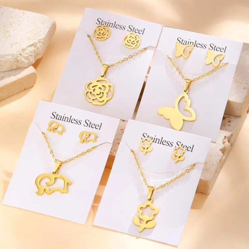 

Stainless Steel Flower Earring Necklace Set Jewelry for Women, Hypoallergenic Studs Earring Charms Pendant, Valentines Day Gift
