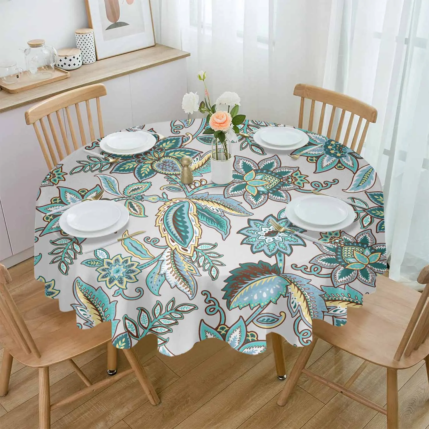 Ethnic Flower Leaves Vintage Turquoise Waterproof Tablecloth Tea Table Decoration Round Table Cover For Kitchen Wedding Home