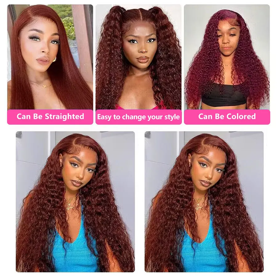 13x4 13x6 Lace Frontal Human Hair Wigs Deep Wave Reddish Brown Deep Curly Lace Frontal Wigs Fall Colored Human Hair Lace Wigs