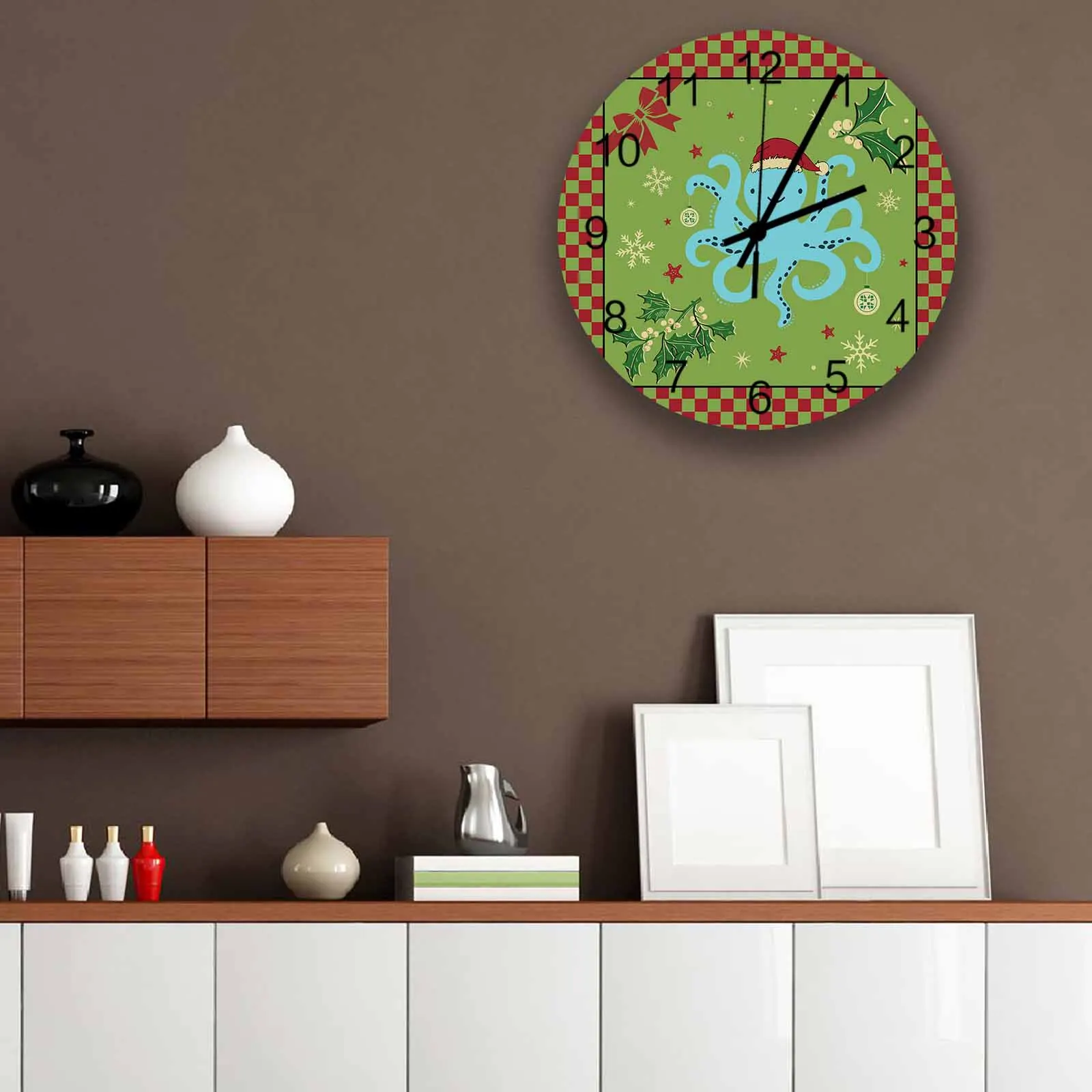 Christmas Octopus Grid Wall Clock Large Modern Kitchen Dinning Round Wall Clocks Bedroom Silent Hanging Watc