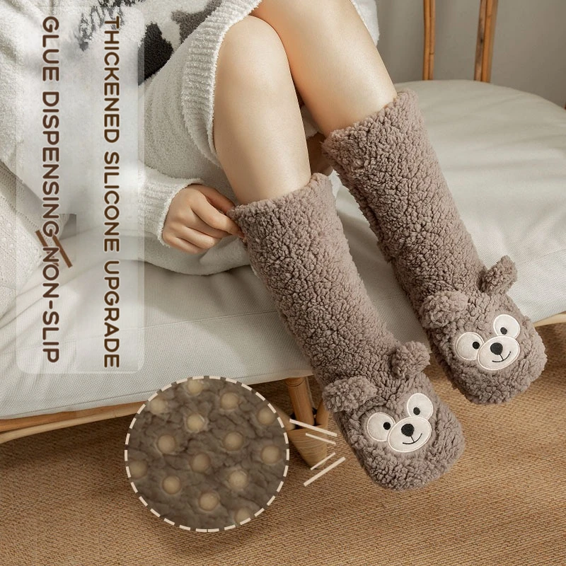 Engrossado meias térmicas mulheres inverno quente casa macio engrossado mais veludo dormir anti deslizamento piso chinelo meia presente de natal ﻿