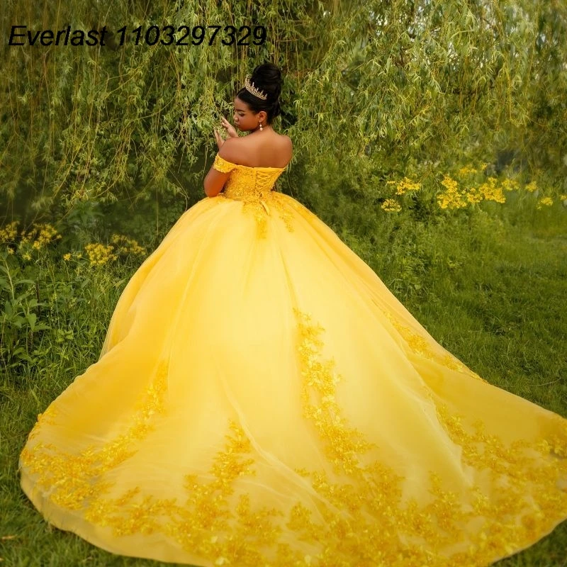 EVLAST gaun dansa putri Quinceanera kuning renda mengkilap Applique manik-manik korset Meksiko manis 16 Vestido De 15 Anos QD1041