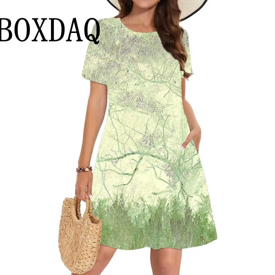 Letnia naturalna sceneria drzewo 3D sukienki z nadrukiem kobiety wakacje plaża sukienka z krótkim rękawem Casual O-Neck kieszeń luźna sukienka Sundress